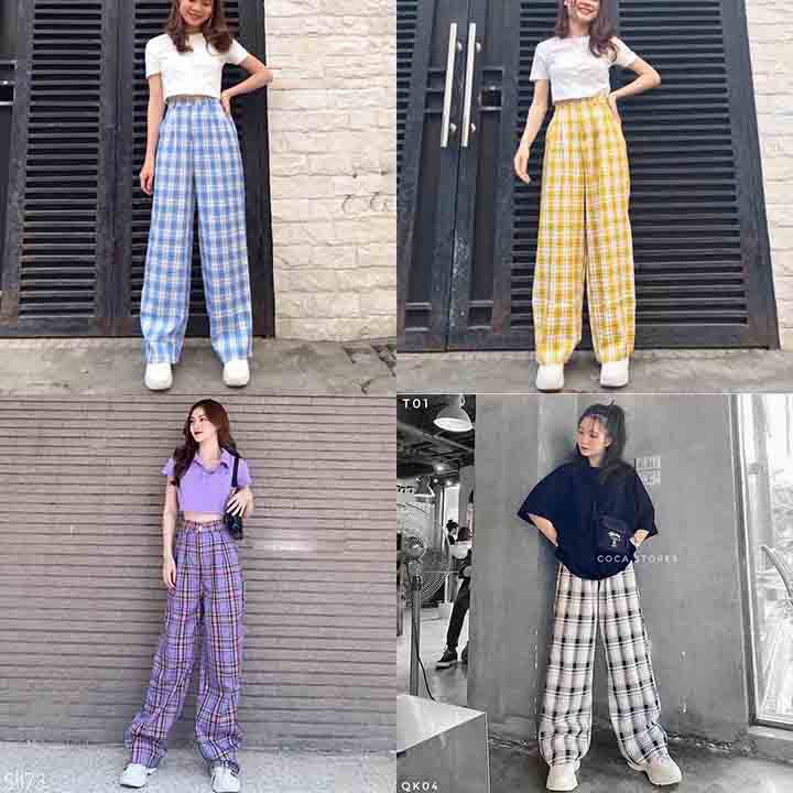 Quần kẻ thô ống rộng karo màu trắng[ảnh thật] quần culottes kẻ caro ống rộng lưng cao cho nữ