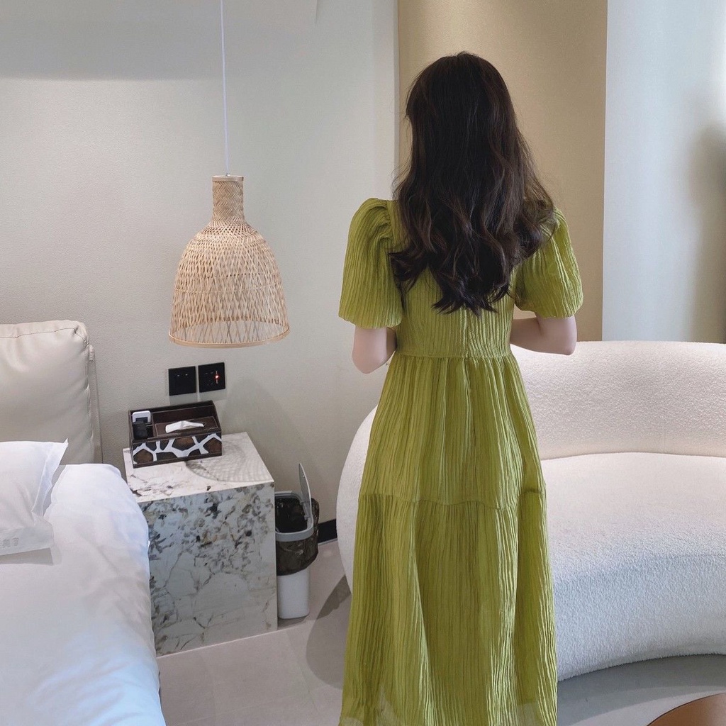 Đầm Tay Phồng Cổ Vuông Màu Xanh Lá Phong Cách Pháp Thời Trang Mùa Hè Hàng Mới 2022