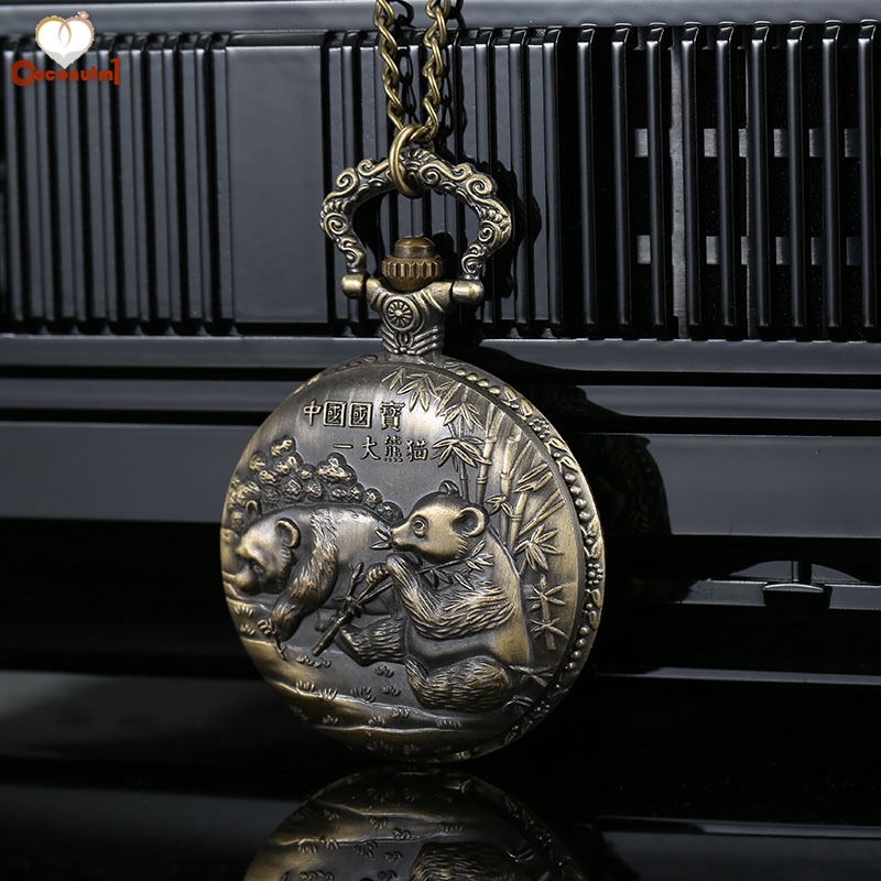 C✞ 1 Pcs Men Women Bronze Quartz Pocket Watch Panda Carved Case with Chain