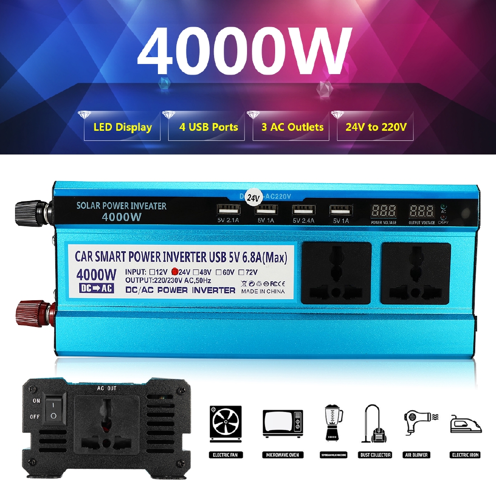  4000W Peak Car Power Inverter LED Display 12V DC to 220V AC 