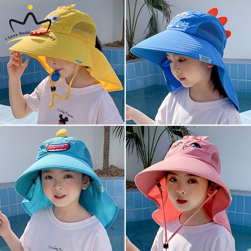 Mũ Tai Bèo Vành Rộng Phối Lưới Thoáng Khí Chống Tia UV Có Dây Rút Họa Tiết Hoạt Hình Dễ Thương Cho Bé