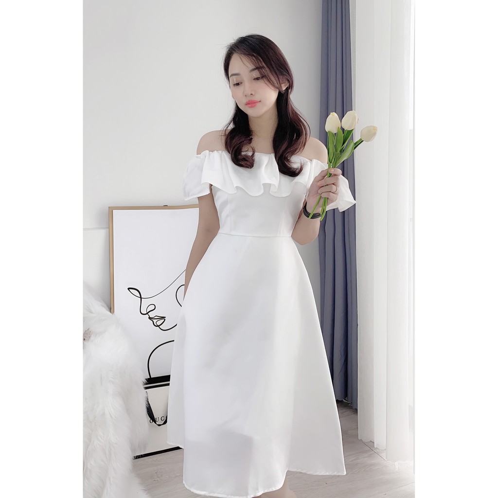 [ẢNH VIDEO THẬT] Đầm Tiểu Thư Cô Dâu, Xòe, bẹp vai, Khoe vai, Tafta, Trắng, Xanh | BigBuy360 - bigbuy360.vn