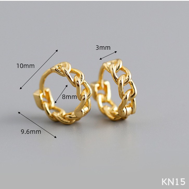 Bông, khuyên tai nữ bạc thật 925 tròn mạ vàng dạng mắt xích cá tính HARMONY KN15