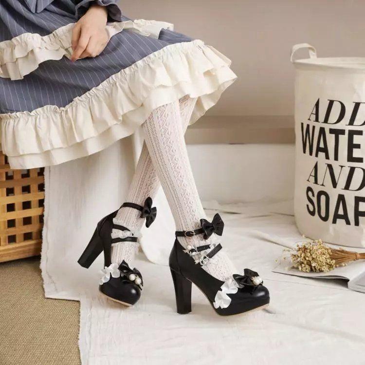 Giày Cao Gót Mũi Tròn Đế Dày Thời Trang Lolita Hàn Quốc 2022 plus