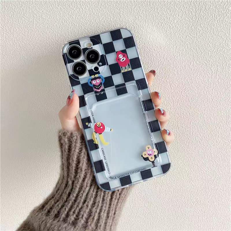 Ốp Điện Thoại Dẻo Trong Suốt Họa Tiết Bàn Cờ Kèm Ngăn Đựng Thẻ Cho iPhone 13 11 12 Pro Max X XS XR 7 8 Plus SE 2020