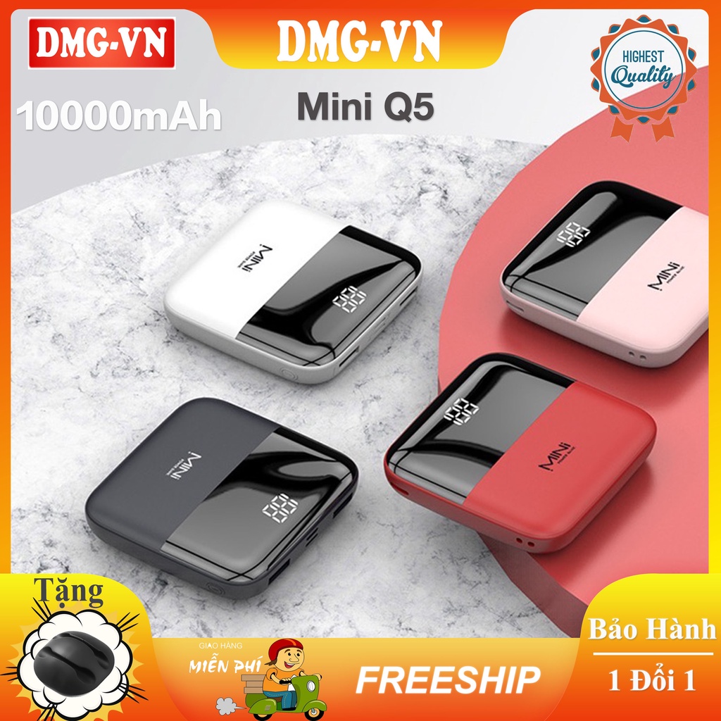 Sạc Dự Phòng Mini Q5 Sạc Nhanh Siêu Mỏng Mặt Kính Nhỏ Gọn 10000mAh 2 Cồng Đầu Ra