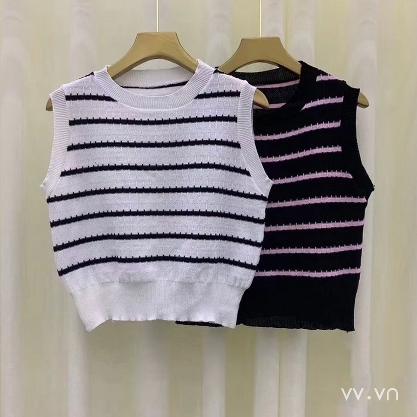 Áo Dệt Kim Sát Nách Dáng Ôm Họa Tiết Kẻ Sọc Thời Trang Hàn Quốc Cho Nữ
