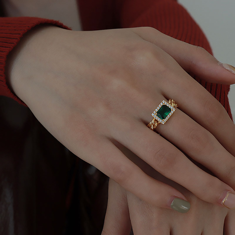 Nhẫn Mạ Bạc Đính Đá Lục Bảo Giả Thời Trang Cho Nữ