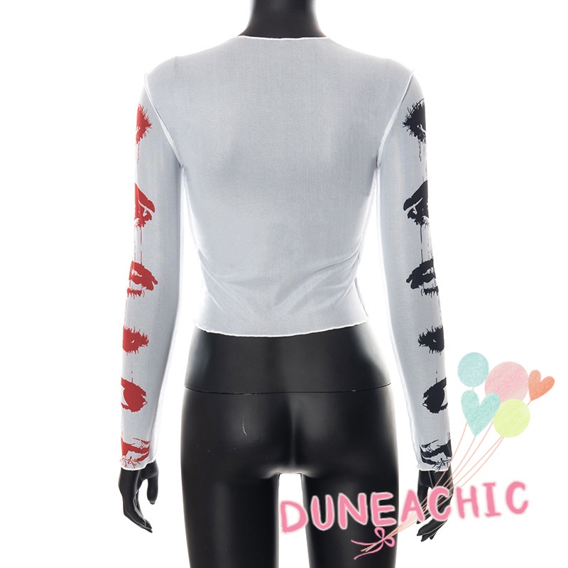 DUNEA Áo thun tay dài phối lưới in họa tiết cá tính thời trang cho nữ