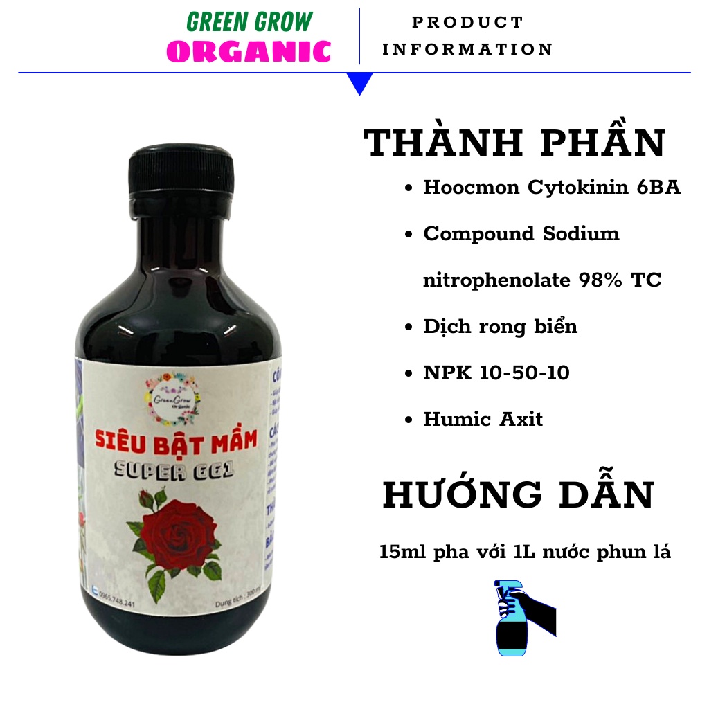 Phân bón lá siêu kích mầm 300ml Green Grow Organic, giúp kích mầm đồng loạt cho hoa hồng, kích kie hoa lan MS118