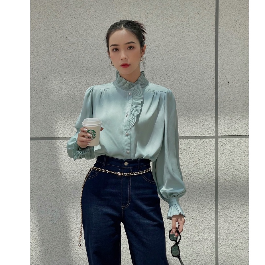 Áo sơ mi lụa satin xanh mint HUONG BOUTIQUE HBSM943 cổ bèo dập li