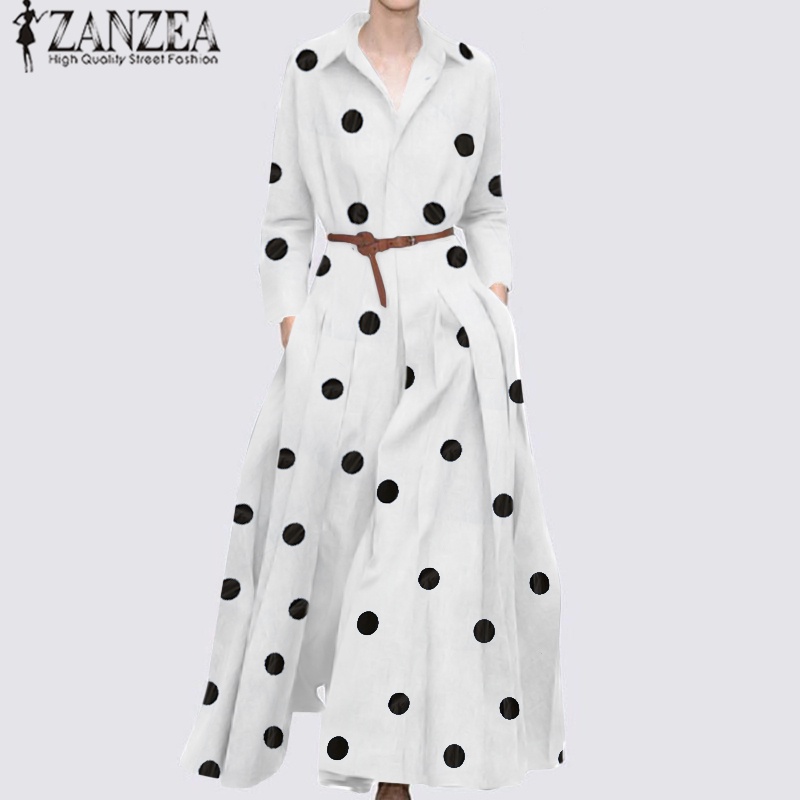 Đầm maxi ZANZEA xếp ly cổ bẻ họa tiết chấm bi dành cho nữ