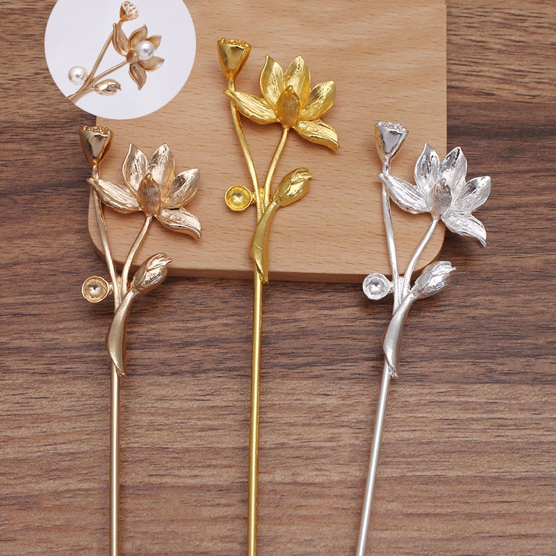 1 cán trâm họa tiết hoa sen 72*40mm*120mm nguyên liệu làm trâm làm trang sức cổ trang cosplay cổ phục có màu KC