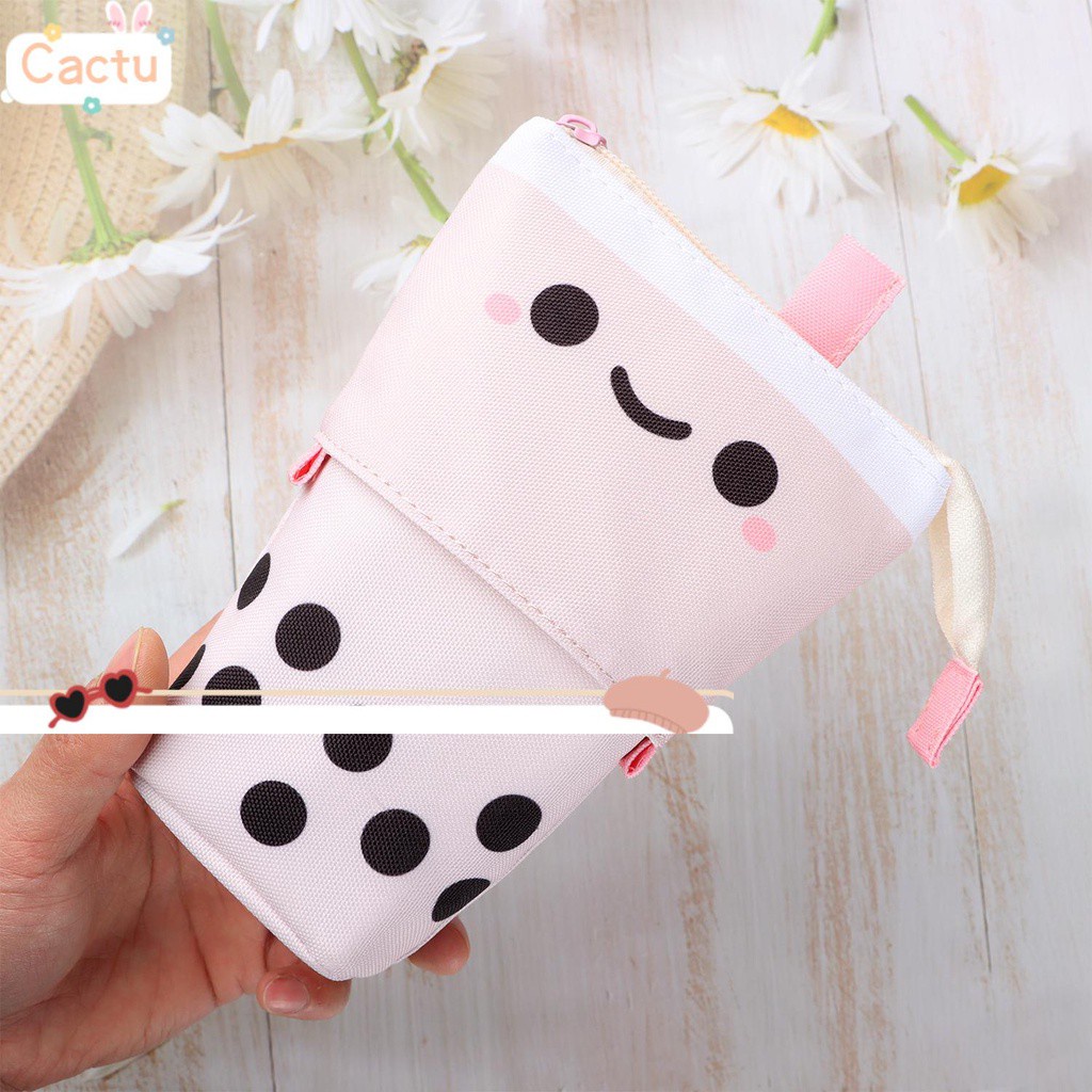 CACTU New Pencil Case Large Capacity Makeup Pouch Telescopic Pen Bag Portable Cute Canvas School Supplies Stationery Zipper Storage Box/Multicolor