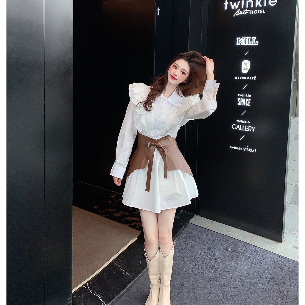 [HÀNG CÓ SẴN] Có ảnh thật. Váy sơ mi cánh tiên mix đai váy nâu cổ điển, váy bèo nhún phối đai váy bản to | BigBuy360 - bigbuy360.vn