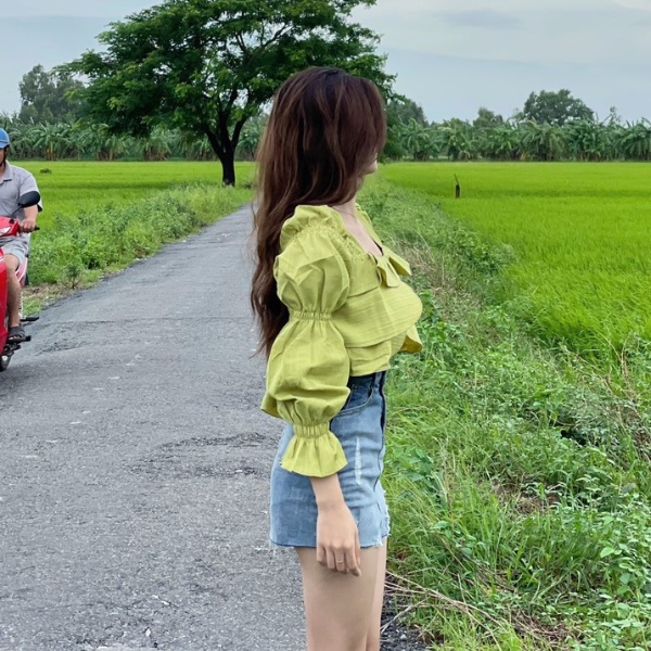 Áo kiểu tay dài cổ vuông phối tầng ,áo bánh bèo babydoll,chất vãi đũi mềm siêu xinh PLA08