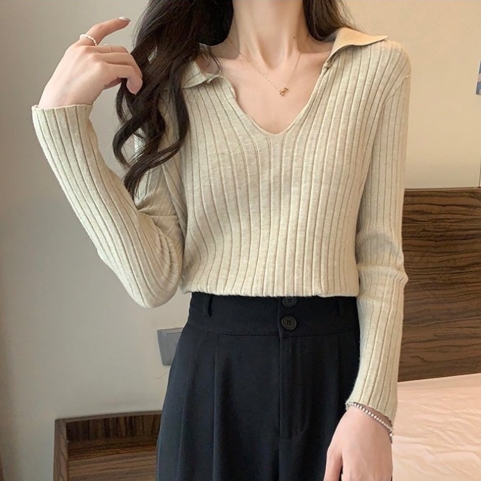 Áo Dệt Kim Nữ Dài Tay Cổ Chữ v Sọc Ngang Thời Trang