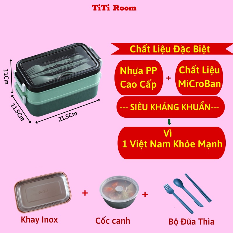 Hộp đựng cơm giữ nhiệt 2 tầng Inox 304,Hộp cơm hâm nóng tặng kèm đũa thìa tiện lợi