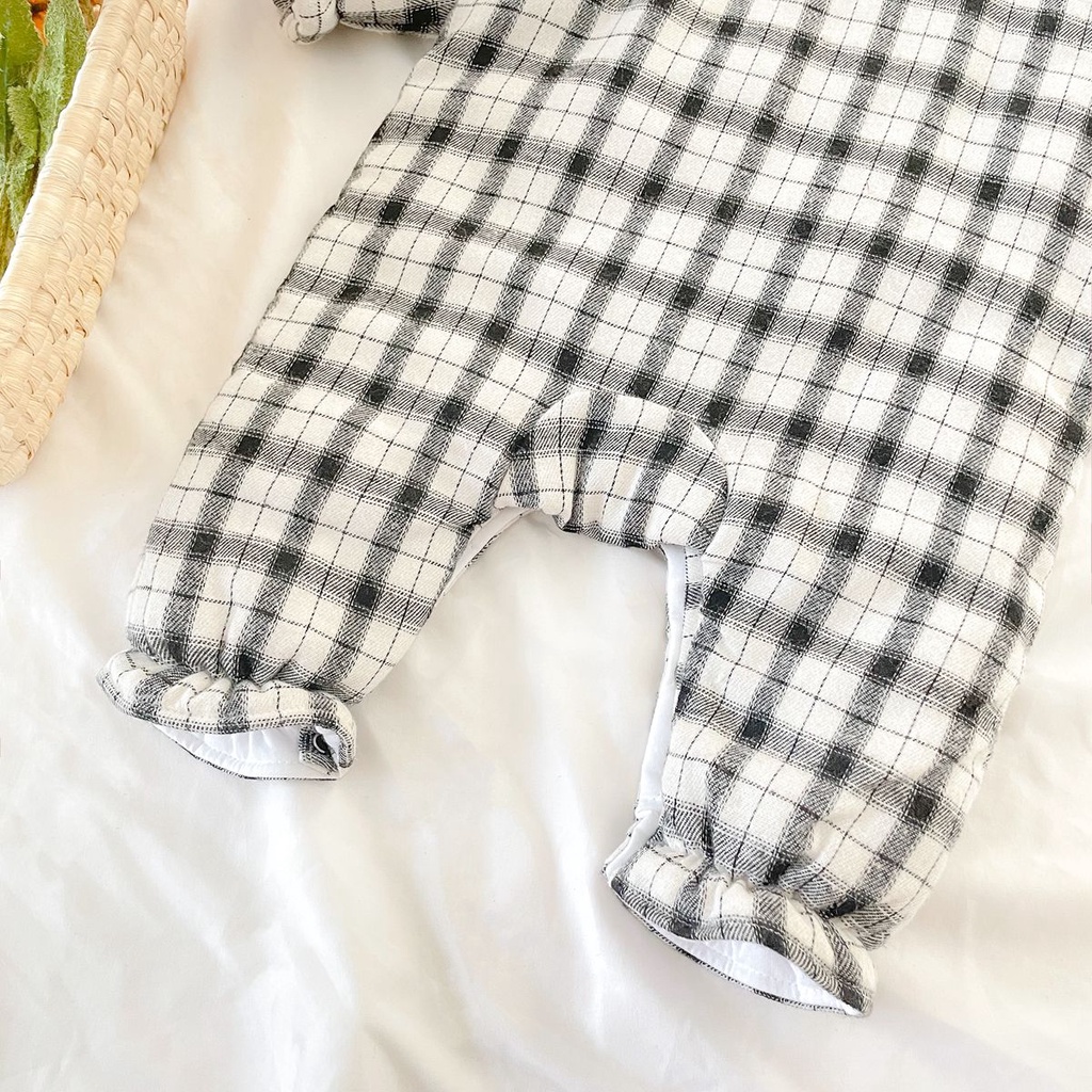 Áo liền quần SANLUTOZ tay dài kẻ sọc ca rô phối ren thời trang mùa đông cho bé gái