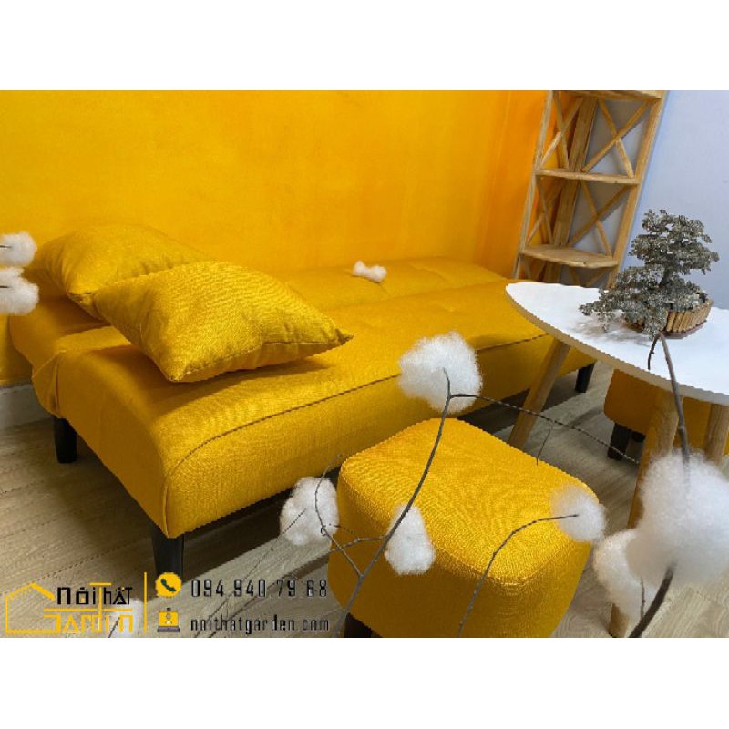 (Combo trọn bộ) Ghế sofa giường đa năng màu vàng sang trọng, bật nằm dài 1m7