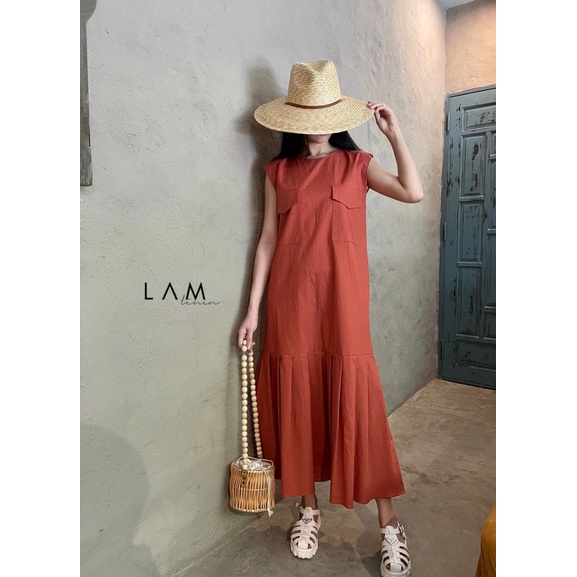 Đầm suông đuôi cá vải Linen 2 túi hộp - Nhiều màu