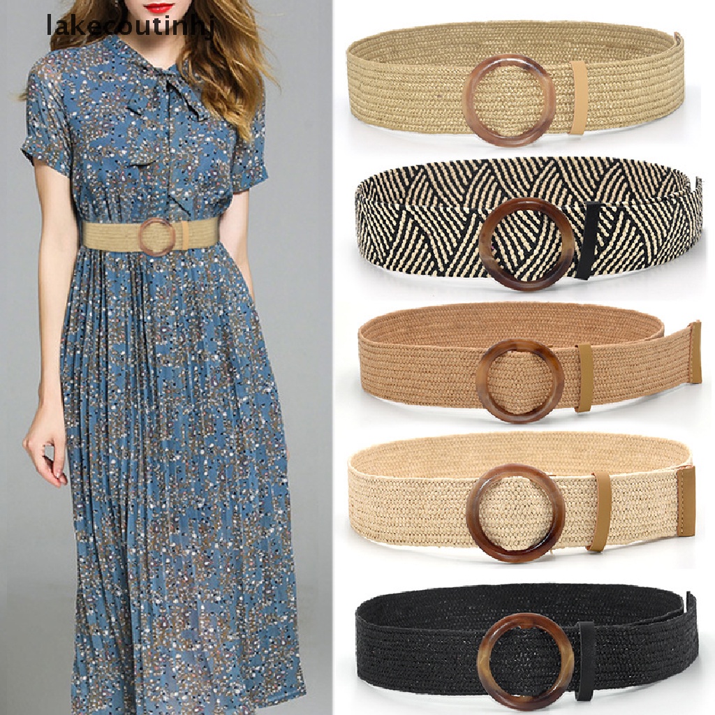 Thắt lưng đan cói phối khóa cài hình tròn phong cách vintage thời trang mùa hè cho nữ
