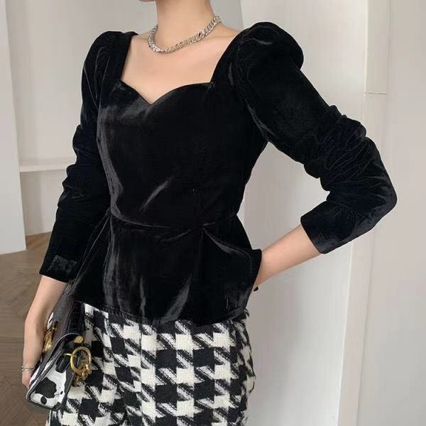 Áo nhung tay dài phồng cổ vuông thời trang mùa thu quyến rũ dành cho nữ