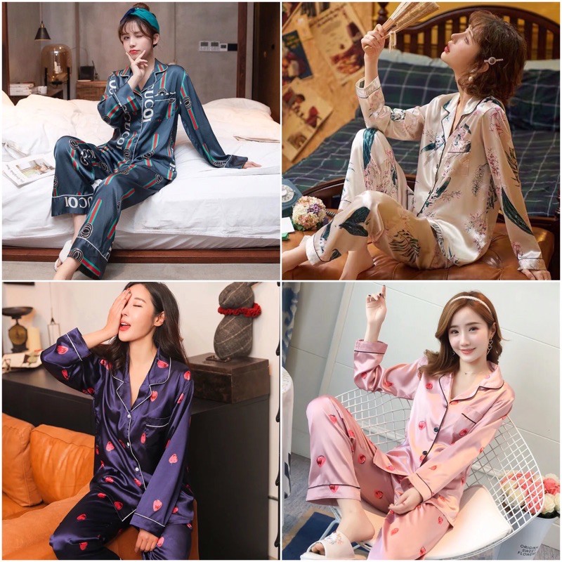 Bộ Ngủ, Đồ Mặc Nhà Lụa Pyjama Cổ Sơmi