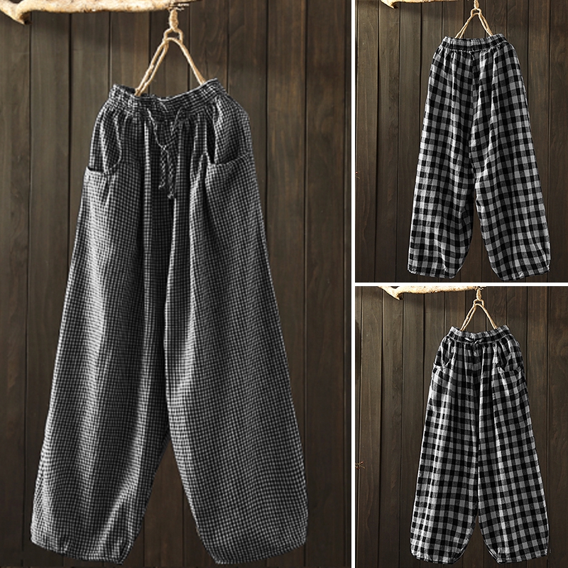 # ZANZEA Women Casual Plaid Cotton Linen With Pocket Long Pants # | BigBuy360 - bigbuy360.vn