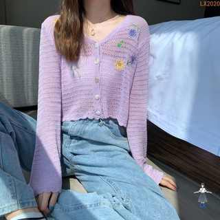 <Ready> Áo Cardigan Dệt Kim Mỏng Tay Dài Thêu Hoa Dễ Phối Đồ Cho Nữ