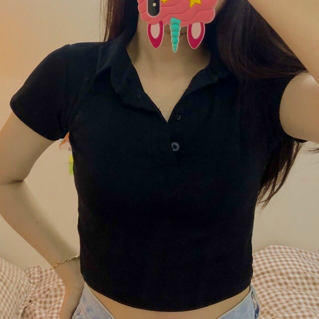 Croptop Polo Basic JOY BABE  cúc áo tháo rời, thun cao cấp xịn co giãn 4 chiều ☘ Forever 21 trắng đen cổ bẻ CRON 13 -4E