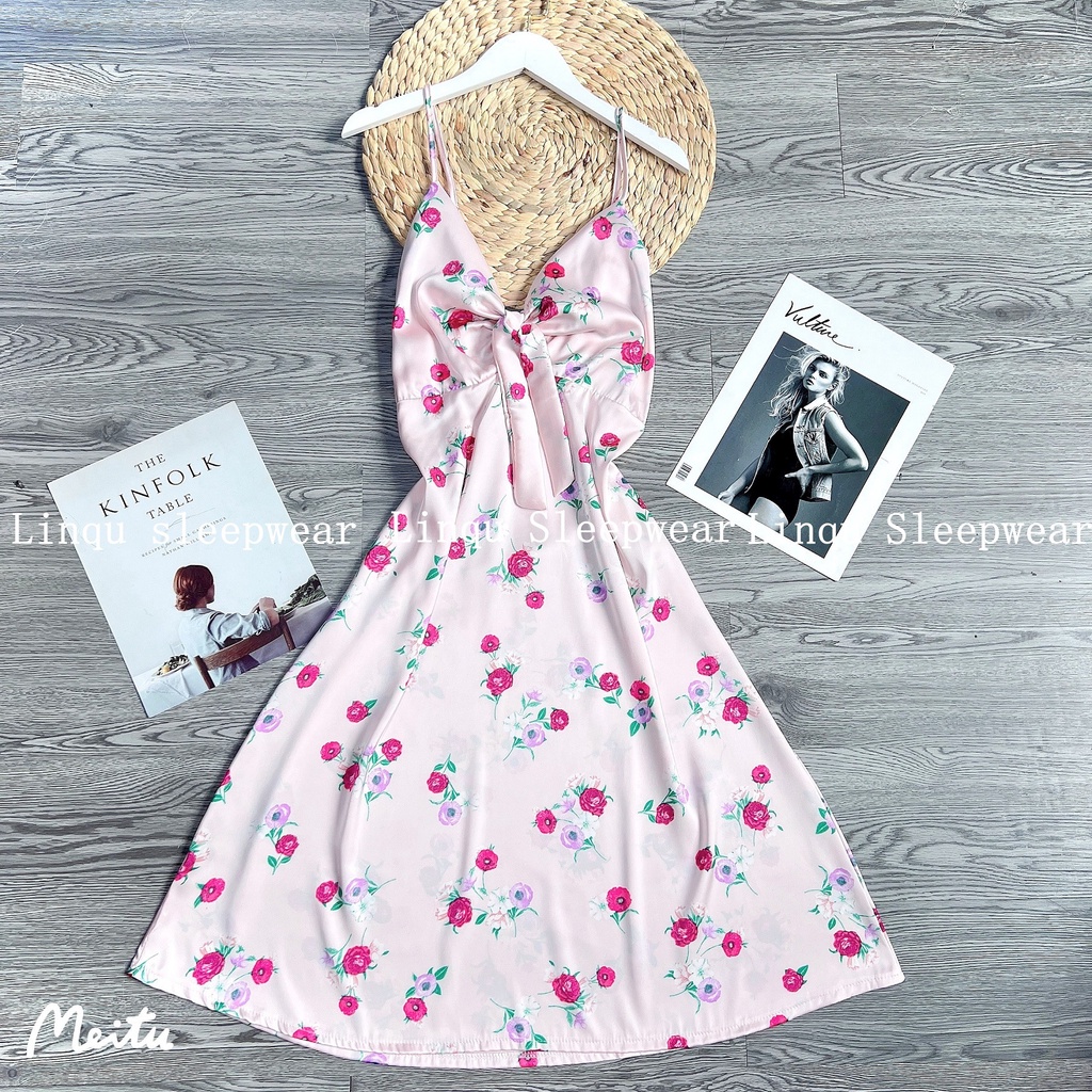 Váy ngủ nữ 2 dây sexy gợi cảm chất latin mềm mát, có tăng đơ may nơ ngực dễ thương Freesize - Linqu Store.