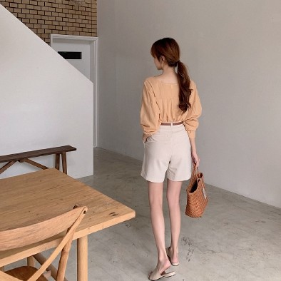 Áo Sơ Mi Cổ V Tay Phồng Màu Cam 35528