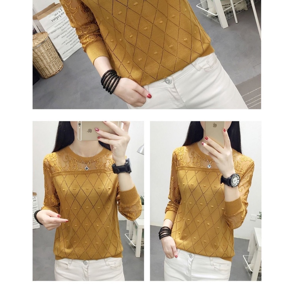 Áo Len Tay Dài Phối Ren Thời Trang Cho Nữ