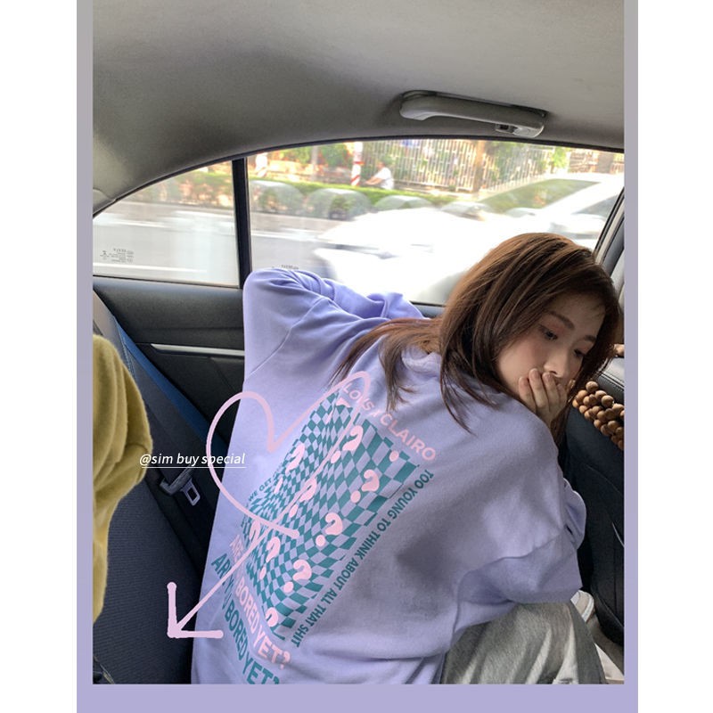 Áo sweater cổ tròn tay dài dáng rộng in họa tiết kẻ sọc màu tím thời trang thu đông cho nữ ins2021