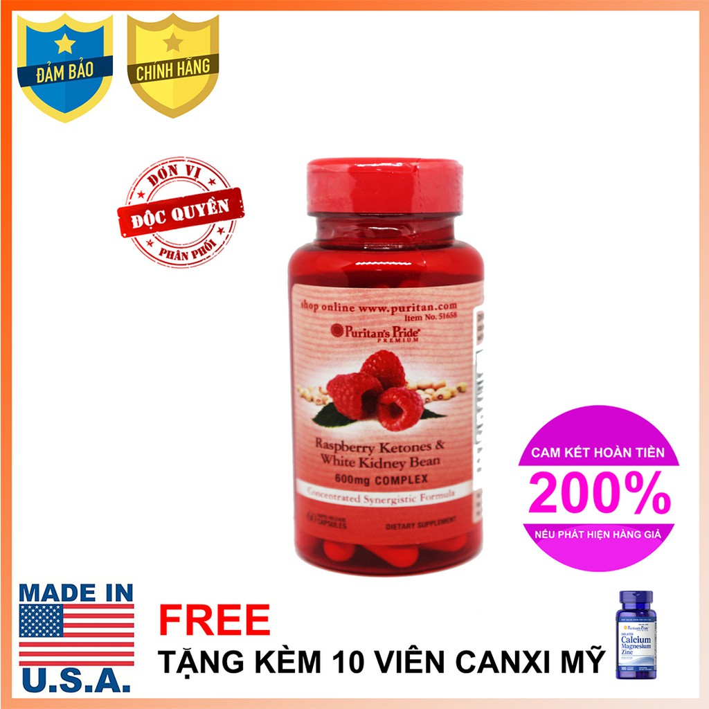 Viên uống hỗ trợ giảm cân Puritan's Pride Raspberry Ketones & White Kidney Bean 600mg Complex 60 viên