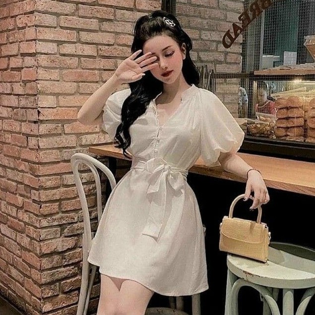 Đầm chữ A xòe phối dây mặc 2 kiểu, ĐẦM SUÔNG NÚT CƯỜMM
