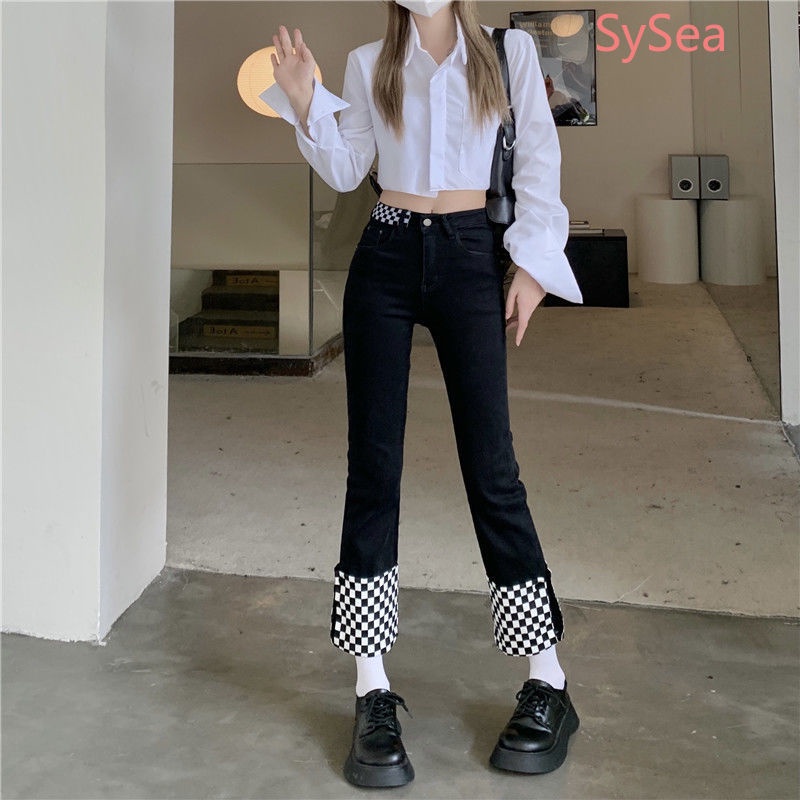 Quần Jeans Phối Sọc Caro Phong Cách Hàn Quốc Cho Nữ