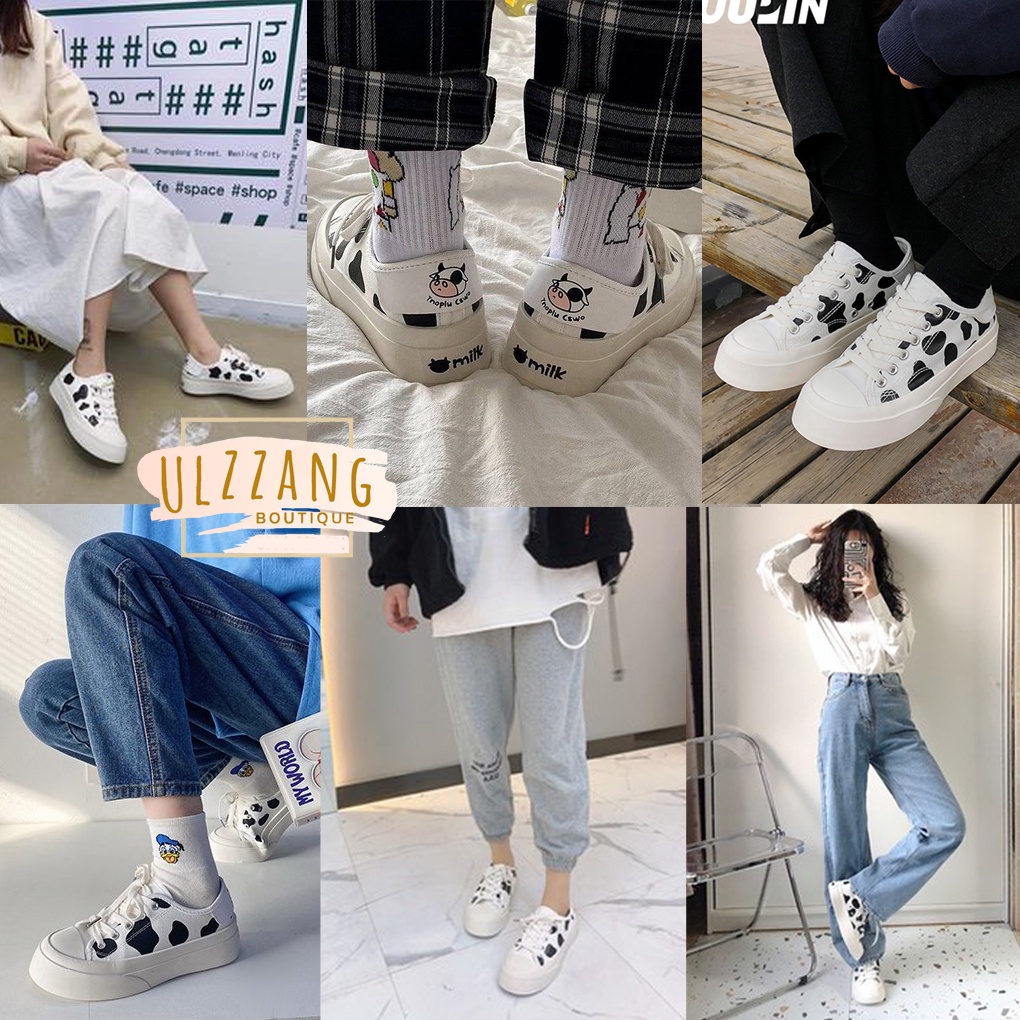 Giày thể thao nữ Ulzzang bò sữa đế bánh mì bata đen trắng độn đế vải canvas vintage conver cute