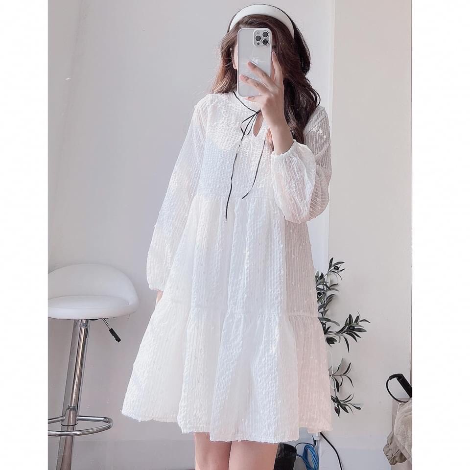 Đầm - Váy babydoll voan chấm bi 3 tầng thắt nơ siêu xinh
