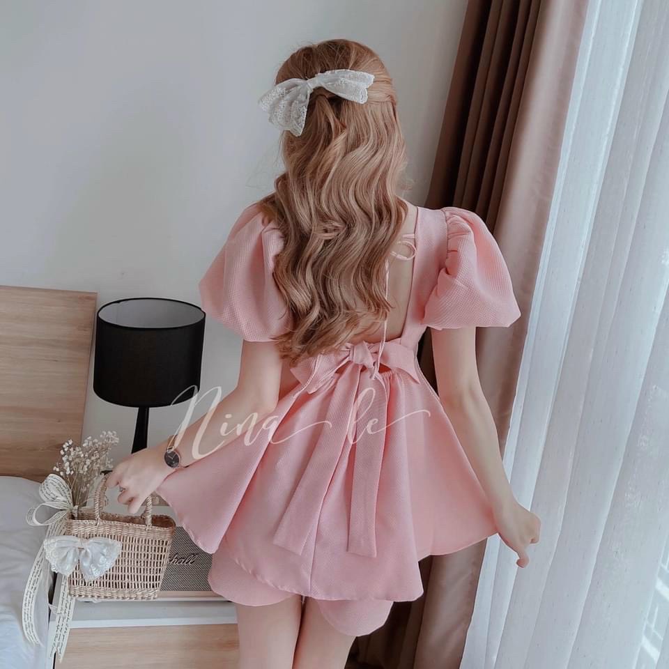 Sét bộ đồ nữ áo bánh bèo thiết kế thắt nơ sau cực kì dễ thương phối quần ống rộng 3 màu trắng , xanh và hồng xinh