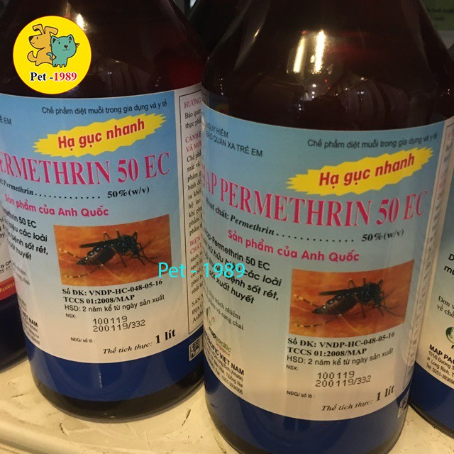 Thuốc diệt muỗi, con trùng PERMETHRIN 50EC Chai nhựa 1L (1000ML). Pet-1989