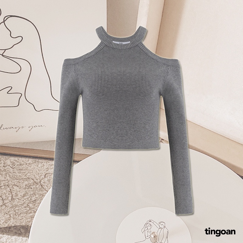 TINGOAN® - Áo len xù dáng lửng khoét hai vai xám SOMI TOP/GR
