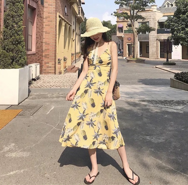 Váy maxi 2 dây hoạ tiết dứa | BigBuy360 - bigbuy360.vn