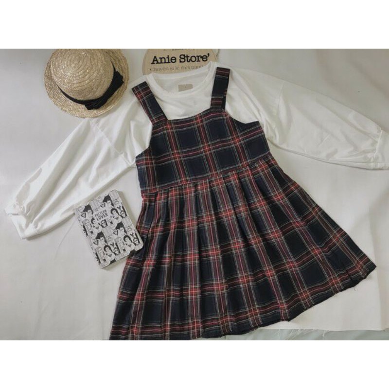 [SIÊU HOT Set Váy Yếm BaByDoll Kẻ 🦋 Bộ Váy Yếm Kèm Áo Thun Tay Bồng Dài Tay 2 Màu 🦋 | BigBuy360 - bigbuy360.vn