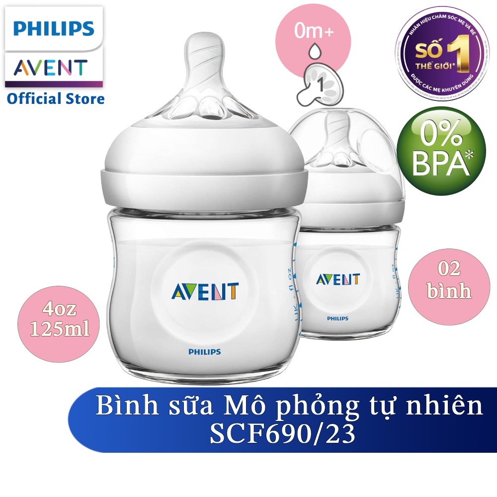 Philips Avent Bộ 2 bình sữa mô phỏng tự nhiên 125ml cho bé từ 0 tháng SCF690/23