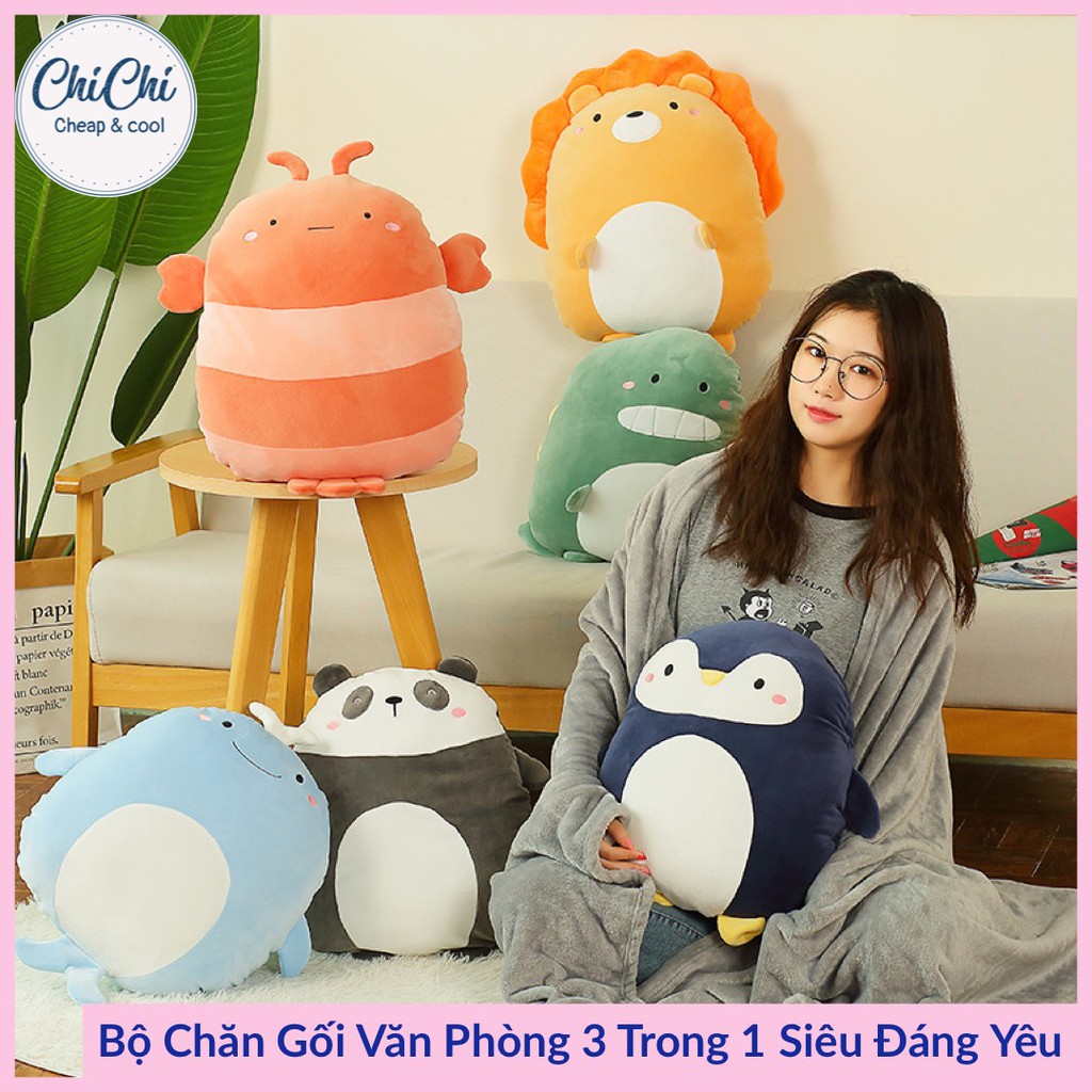 Chăn Gối Văn Phòng 3 Trong 1 Hình Thú Hoạt Hình Dễ Thương, Chất Liệu Nỉ Nhung Siêu Mềm Mịn, Gấu Kèm Mền tiện lợi