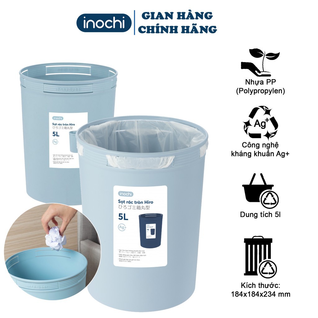 Thùng Rác -Nhựa Tròn Inochi 5 Lít Màu Rất Đẹp Làm Sọt Rác Văn Phòng, Khách Sạn, Đựng Rác Gia Đình SR05L