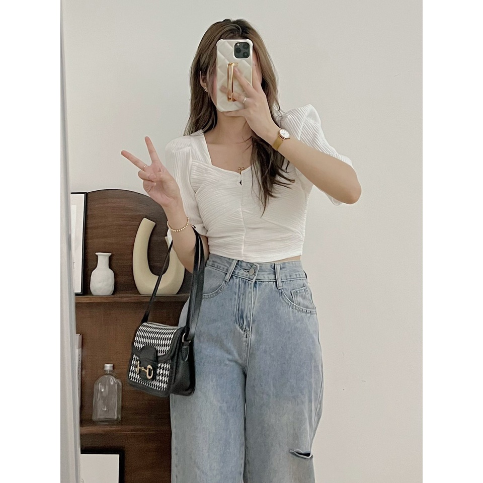 Áo kiểu xoắn ngực tôn body, Áo thun vân gỗ dáng ôm ngắn tay Aothunxoannguc199