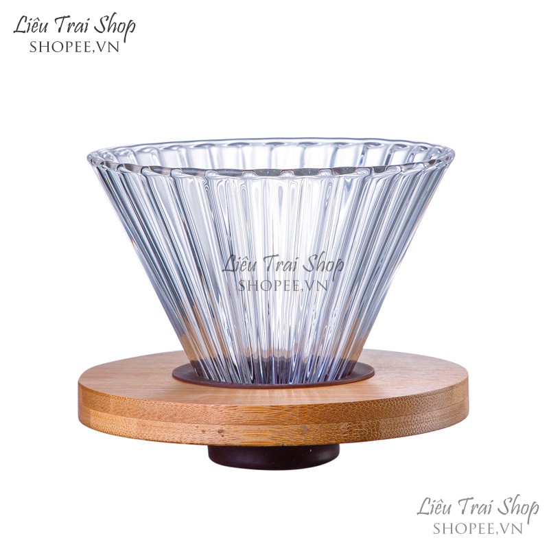 Phễu v60 pha cà phê cafe v60 giấy lọc Pour over drip thuỷ tinh nhiều màu giá gỗ tròn